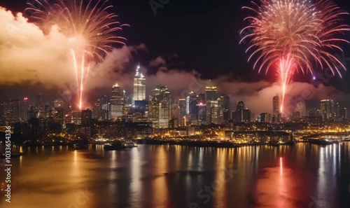 Golden Fireworks Over City: Film golden and silver fireworks lighting up the night sky above a bustling city, with the camera slowly panning up to capture the full display.