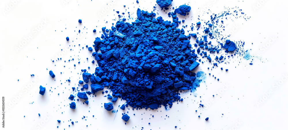 Pile of vibrant blue pigment powder scattered on white background Pile of vibrant blue pigment powder scattered on white background