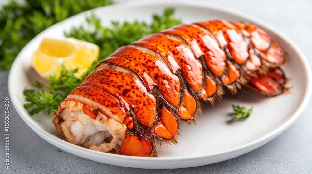 A gourmet lobster tail baked to perfection, served on a white plate with minimalistic presentation, inviting and savory. A gourmet lobster tail baked to perfection, served on a white plate with minimalistic presentation, inviting and savory.