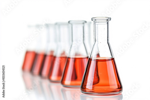 Row of glass flasks filled with red liquid, arranged in a line, representing laboratory science and experimentation 