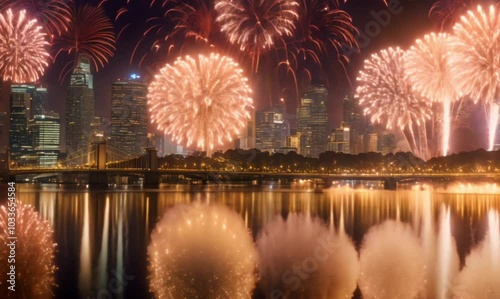 Golden Fireworks Over City: Film golden and silver fireworks lighting up the night sky above a bustling city, with the camera slowly panning up to capture the full display. Tall skyscrapers glow with 