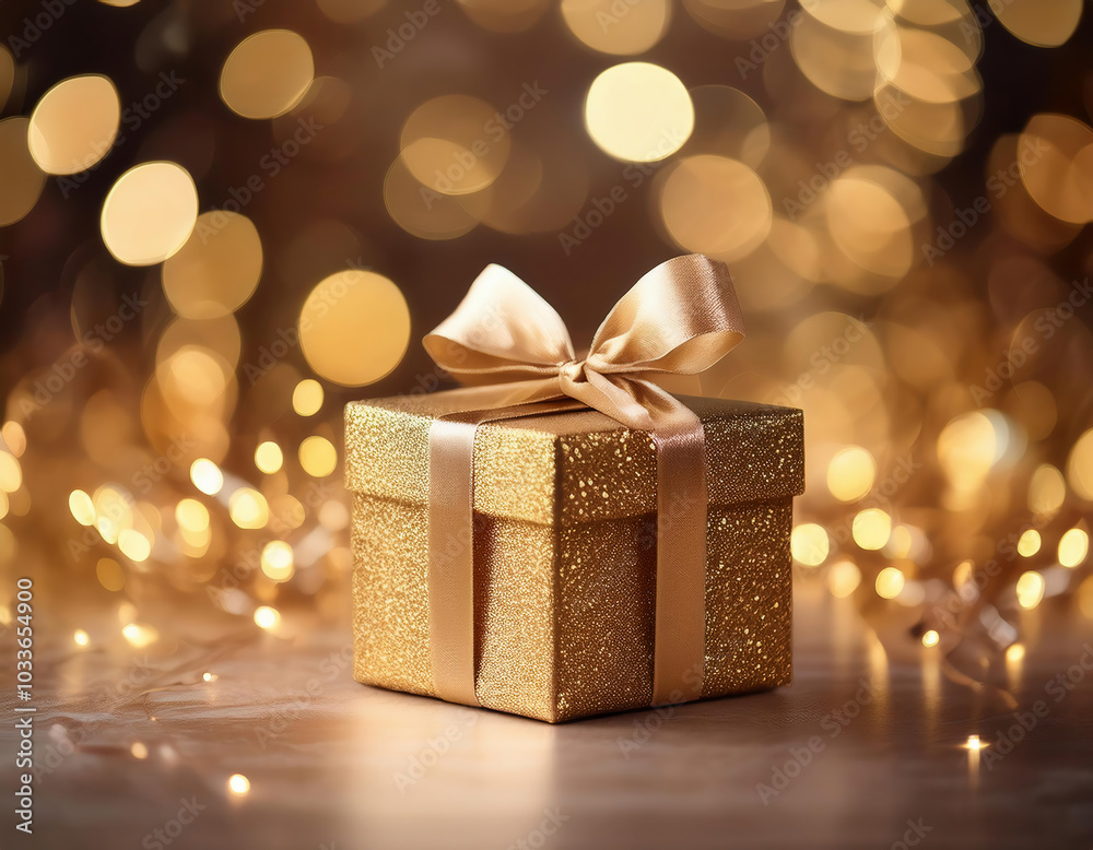 Gift box wrapped in sparkly gold paper with a gold ribbon surrounded by soft bokeh lights Gift box wrapped in sparkly gold paper with a gold ribbon surrounded by soft bokeh lights