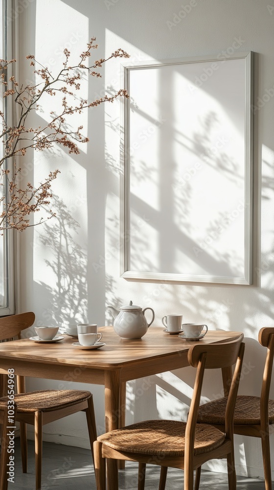Stylish interior of dining room with family table, rattan chairs, pendatn lamp, plant, tableware, carpet, decoration and elegant accessories, Generative AI Stylish interior of dining room with family table, rattan chairs, pendatn lamp, plant, tableware, carpet, decoration and elegant accessories, Generative AI