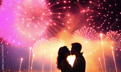 Fireworks with Silhouette Kiss: Show a couple silhouetted against a backdrop of colorful fireworks, sharing a romantic New Year's kiss. The night sky is filled with vibrant reds, blues, and golds.