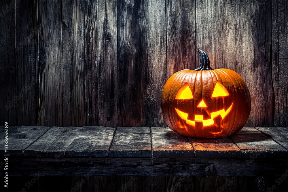 Obraz premium Scary halloween pumpkin on wooden planks with generative ai
