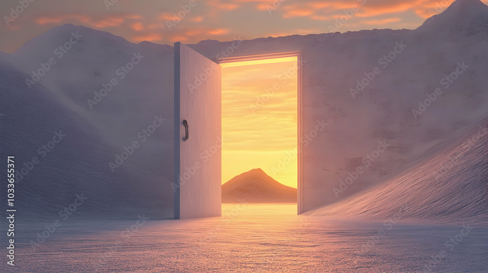 Fototapeta premium 3D illustration of an open door leading to a desert, symbolizing new beginnings -