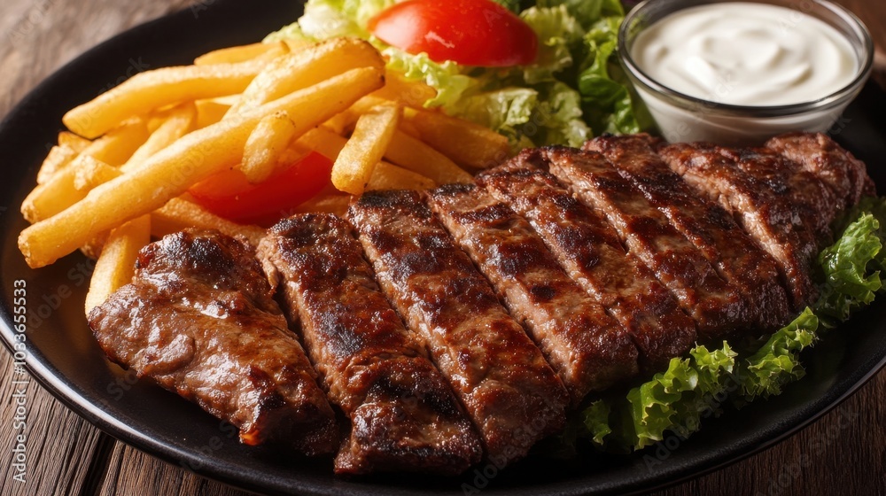 A plate of perfectly sliced doner kebab meat with French fries and fresh salad, complemented by a yogurt dip sauce on the side. A plate of perfectly sliced doner kebab meat with French fries and fresh salad, complemented by a yogurt dip sauce on the side.