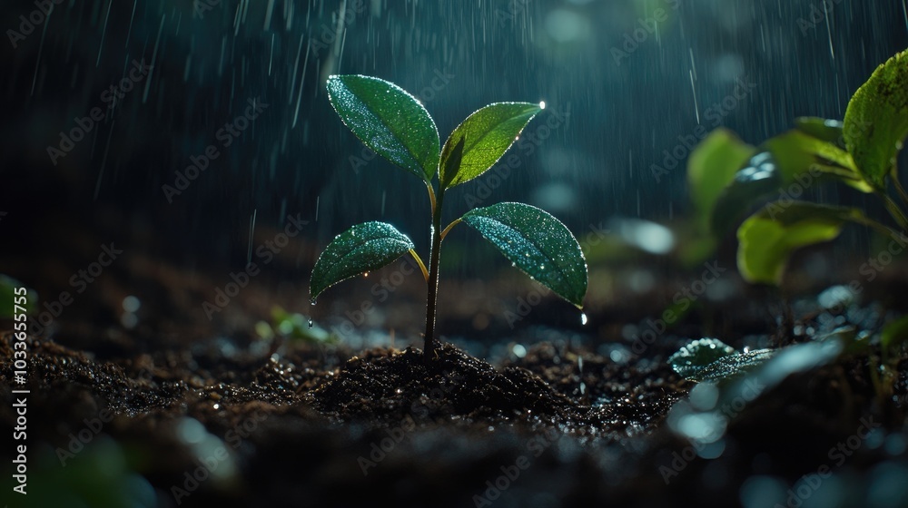 A tender seedling being watered by light rain, representing the nurturing of new life and the cycle of natural growth A tender seedling being watered by light rain, representing the nurturing of new life and the cycle of natural growth