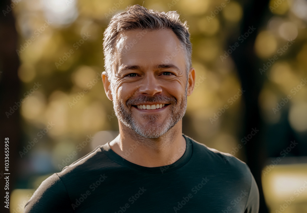 A happy young man in running . He is smiling and looking at the camera, with a blurred park background. A happy young man in running . He is smiling and looking at the camera, with a blurred park background.