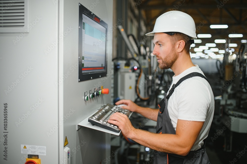 Technician operating machine in a factory