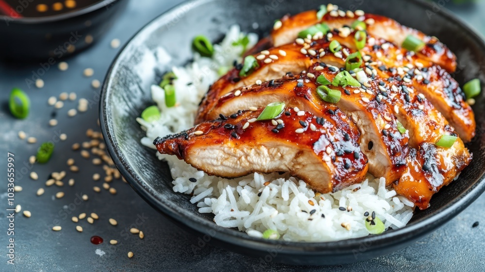 A savory plate of teriyaki chicken served alongside fluffy white rice, garnished with sesame seeds and spring onions. A savory plate of teriyaki chicken served alongside fluffy white rice, garnished with sesame seeds and spring onions.