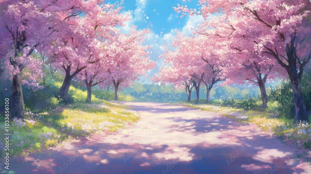 A scenic garden walkway surrounded by blossoming pink sakura trees, with bright sunlight highlighting the vibrant colors of spring A scenic garden walkway surrounded by blossoming pink sakura trees, with bright sunlight highlighting the vibrant colors of spring
