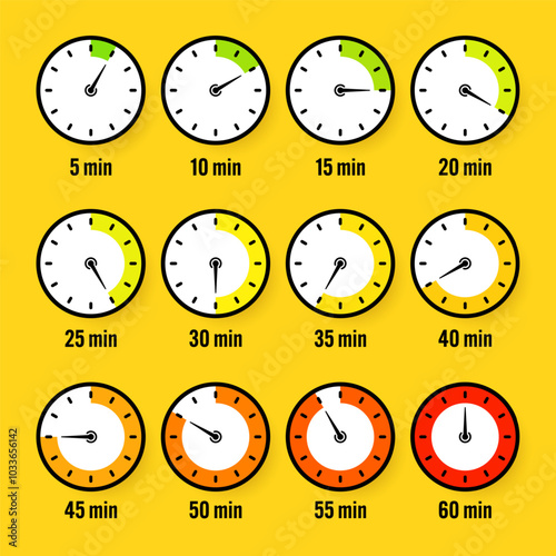 Stopwatch icons. Colorful simple chronometer, time counter with dial. Countdown timer showing hours and minutes. Deadline, measurement for sport. Cooking time label, sticker. Vector illustration