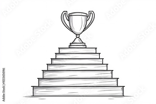 Detailed line illustration of a trophy on top of a multi-tiered staircase symbolizing achievement success and ambition on a white background 