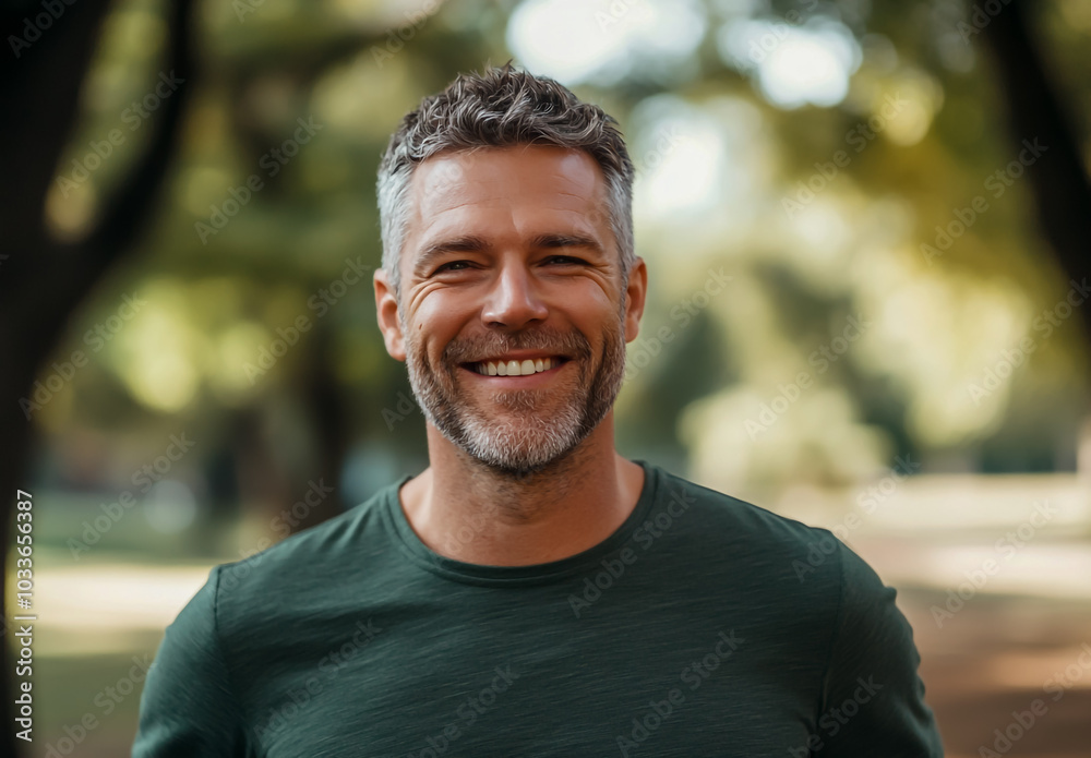 A happy young man in running . He is smiling and looking at the camera, with a blurred park background. A happy young man in running . He is smiling and looking at the camera, with a blurred park background.