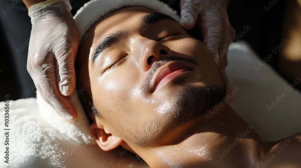 Asian man on spa procedure. Asian man in spa salon. Asian self-care. Cosmetology. Asian man on spa procedure. Asian man in spa salon. Asian self-care. Cosmetology.