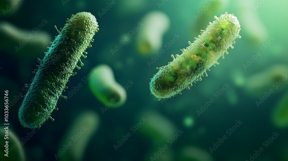 Two Green Bacteria in a Microscopic View Two Green Bacteria in a Microscopic View