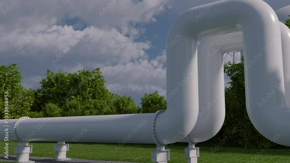 Renewable energy is produced through wind farms. The generated hydrogen flowing into the H2 pipeline. As the camera moves it unveils a view of wind turbines next to a spherical hydrogen tank.3D render Renewable energy is produced through wind farms. The generated hydrogen flowing into the H2 pipeline. As the camera moves it unveils a view of wind turbines next to a spherical hydrogen tank.3D render