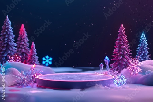 Festive winter Christmas podium decorated with glowing lights and ornaments background