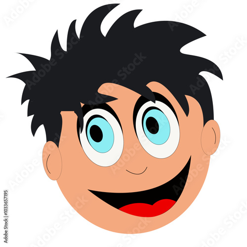 Expression de visage heureux sur émoticône avec chevelure noire 
