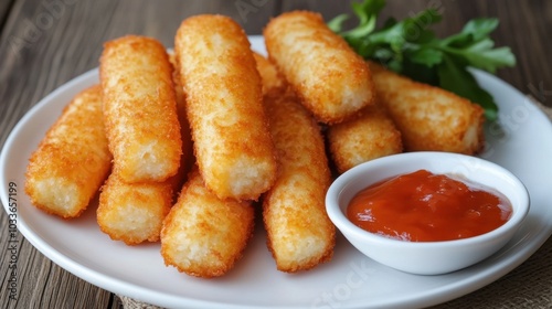 A tempting plate of perfectly crisp cheese croquettes, served on a minimalist white plate with a dipping sauce beside them.