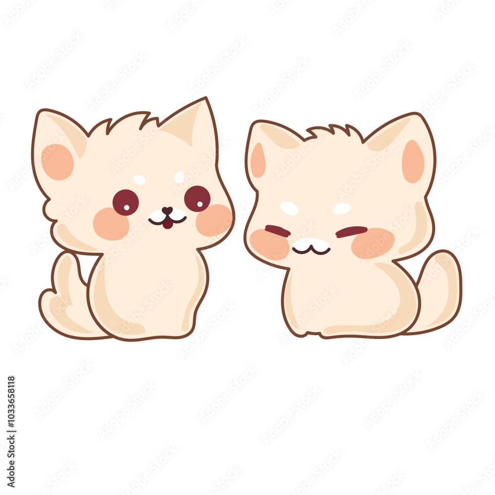 Fototapeta premium Beige Kawaii Cat Character Icon. Funny Cute Domestic Kitty Cartoon Doodle Element. Small Fluffy Home Mascot. Positive Childish Decoration Symbol.