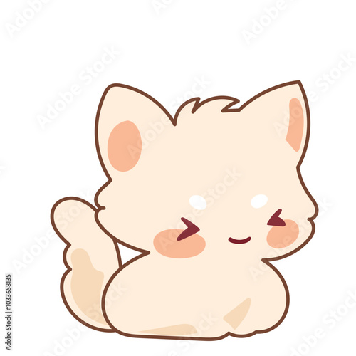 Beige Kawaii Cat Character Icon. Funny Cute Domestic Kitty Cartoon Doodle Element. Small Fluffy Home Mascot. Positive Childish Decoration Symbol.