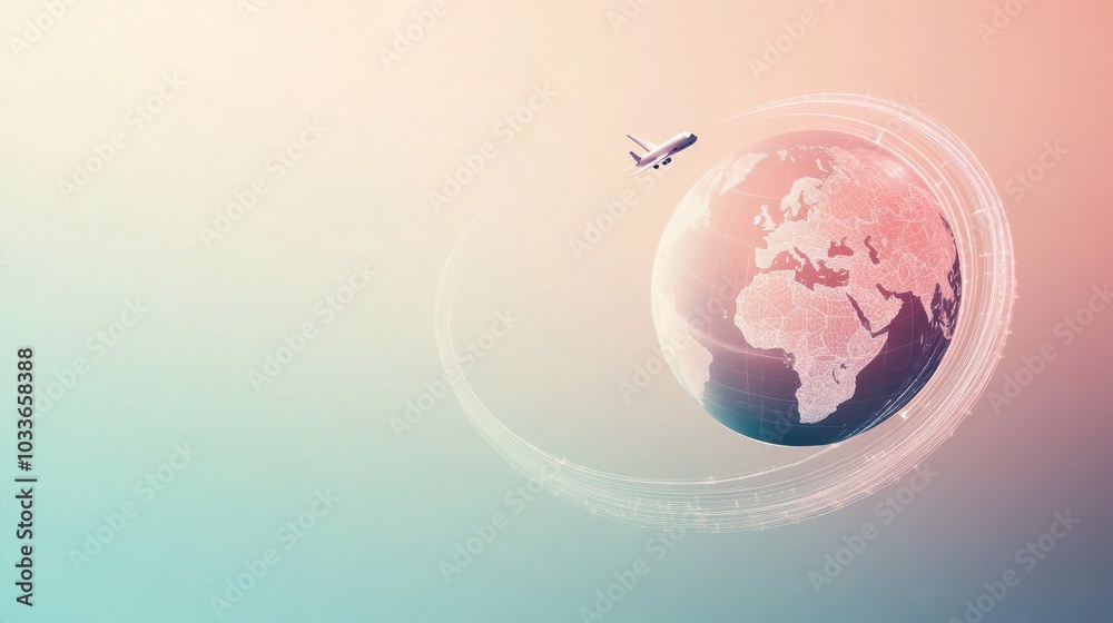Obraz premium A globe is illustrated with an airplane flying around it, leaving a trail that captures the essence of global travel and exploration. Generative AI