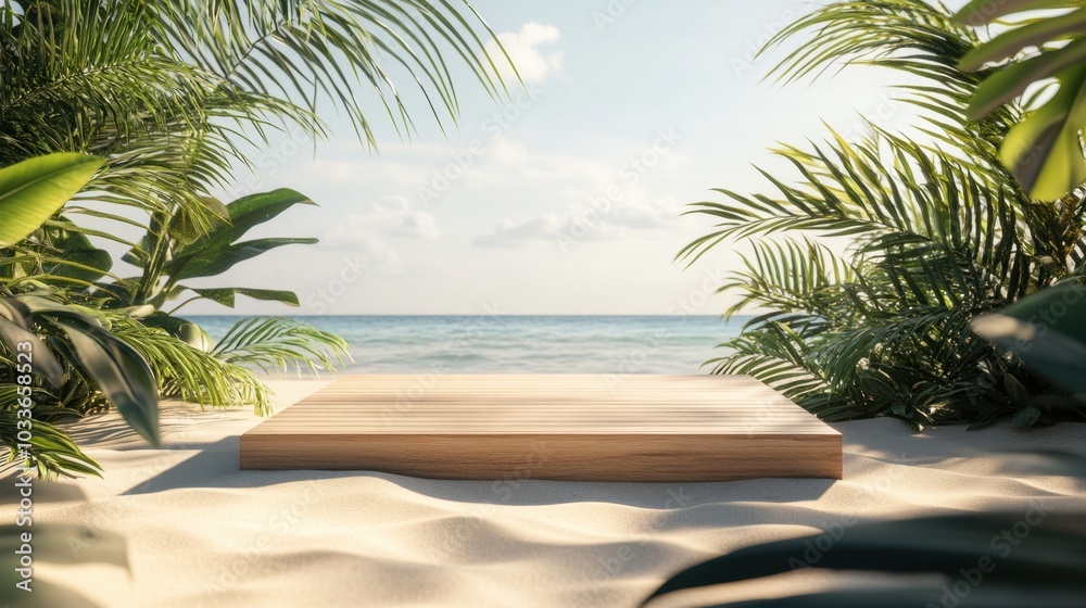 Fototapeta premium A wooden product display podium on a bright, sunny beach with clear skies and soft sand, surrounded by tropical decor, perfect for summer ad campaigns.
