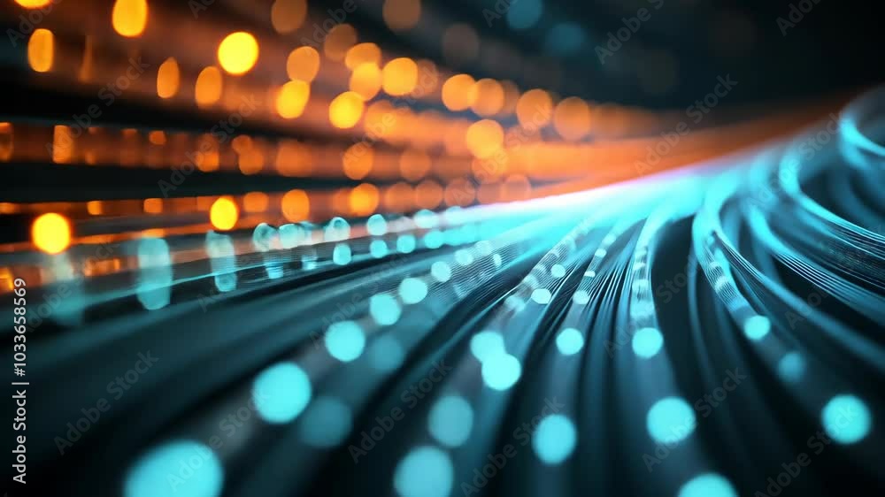 A close-up of fiber optic cables glowing with blue light