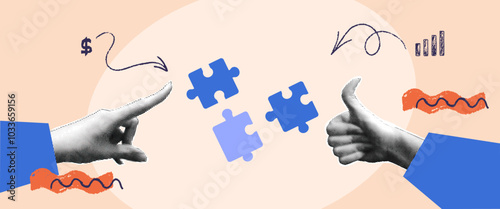 Puzzle teamwork collage with halftone hand. Partnership team on work or education. Vector illustration. Brainstorm halftone