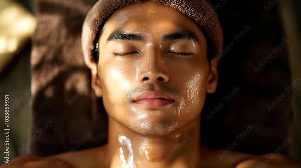 Asian man on spa procedure. Asian man in spa salon. Asian self-care. Cosmetology. Asian man on spa procedure. Asian man in spa salon. Asian self-care. Cosmetology.