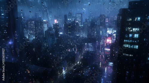 A rainy city night seen through a window with raindrops. -