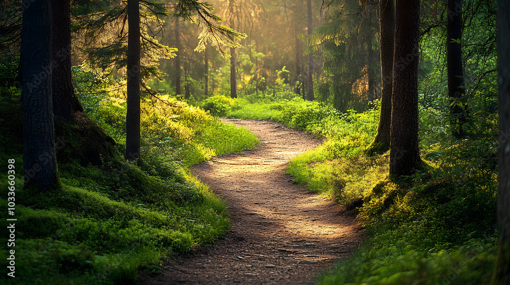 Fototapeta premium A serene path winding through a lush forest, inviting peaceful exploration of nature. -