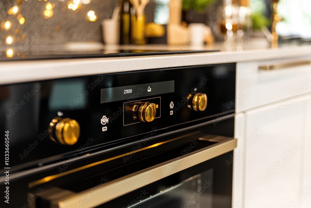 Modern black oven with gold accents in a luxurious, sleek kitchen Modern black oven with gold accents in a luxurious, sleek kitchen