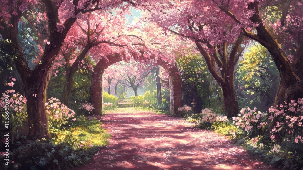 Beautiful pink sakura blossoms arching over a garden walkway, bathed in bright sunlight, capturing the essence of spring. Beautiful pink sakura blossoms arching over a garden walkway, bathed in bright sunlight, capturing the essence of spring.