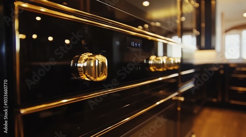 Modern black oven with gold accents in a luxurious, sleek kitchen