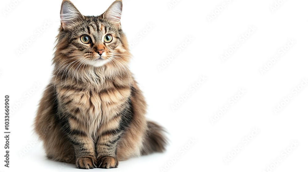 Obraz premium Playful cat sitting against white background, charming and full of personality. Expressive eyes and inviting fur texture for animal lovers