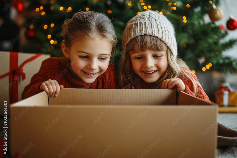 Children with gift boxes, Holiday eve, Christmas concept. Children with gift boxes, Holiday eve, Christmas concept.