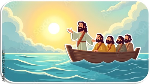 Cute sticker vector-style image of jesus, the main character of the new testament, stands in the beautiful sea. the disciples on the boat looked surprised