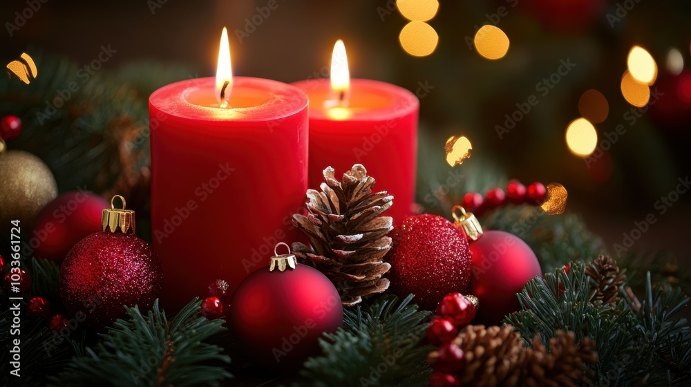 Christmas candles burning warmly in a dark setting, creating a peaceful holiday atmosphere, perfect for seasonal content or festive greetings. Christmas candles burning warmly in a dark setting, creating a peaceful holiday atmosphere, perfect for seasonal content or festive greetings.