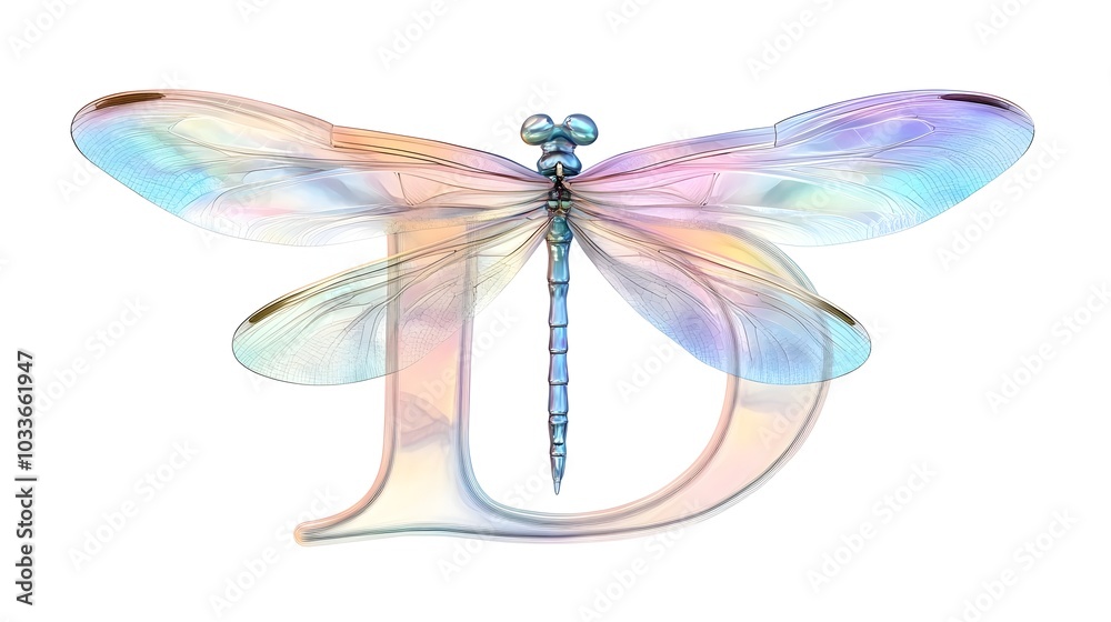 Fototapeta premium Delicate Dragonfly Letter Pastel Curves and Transparent Wings