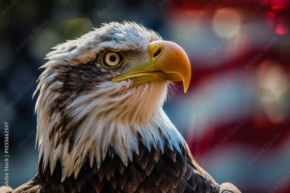 Fototapeta premium Eagle against the background of the US flag. Generative AI