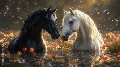 Two Horses, One Black and One White, Facing Each Other with Intense Gaze. 