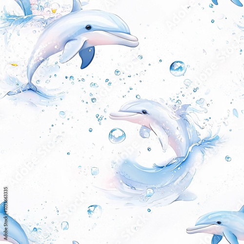 A playful underwater scene featuring dolphins swimming amid bubbles and splashes, illustrating a vibrant marine environment. photo