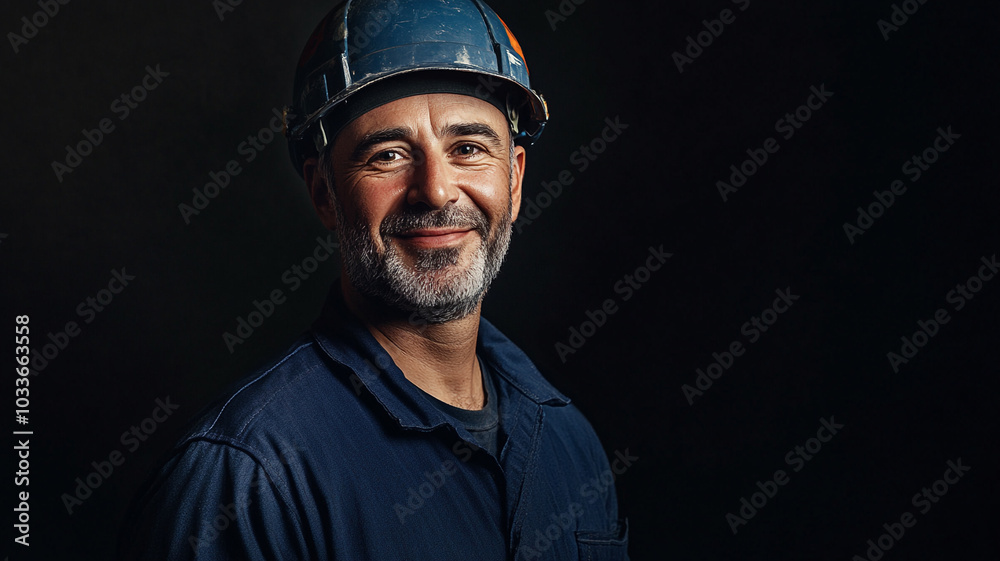 Fototapeta premium a smiling middle-aged worker in a dark blue uniform and helmet on a black background.