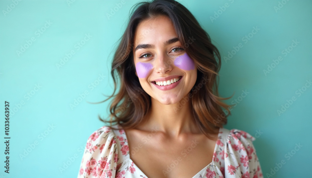 A young Caucasian woman with long brown hair and a warm smile, wearing a floral print top against a teal background A young Caucasian woman with long brown hair and a warm smile, wearing a floral print top against a teal background