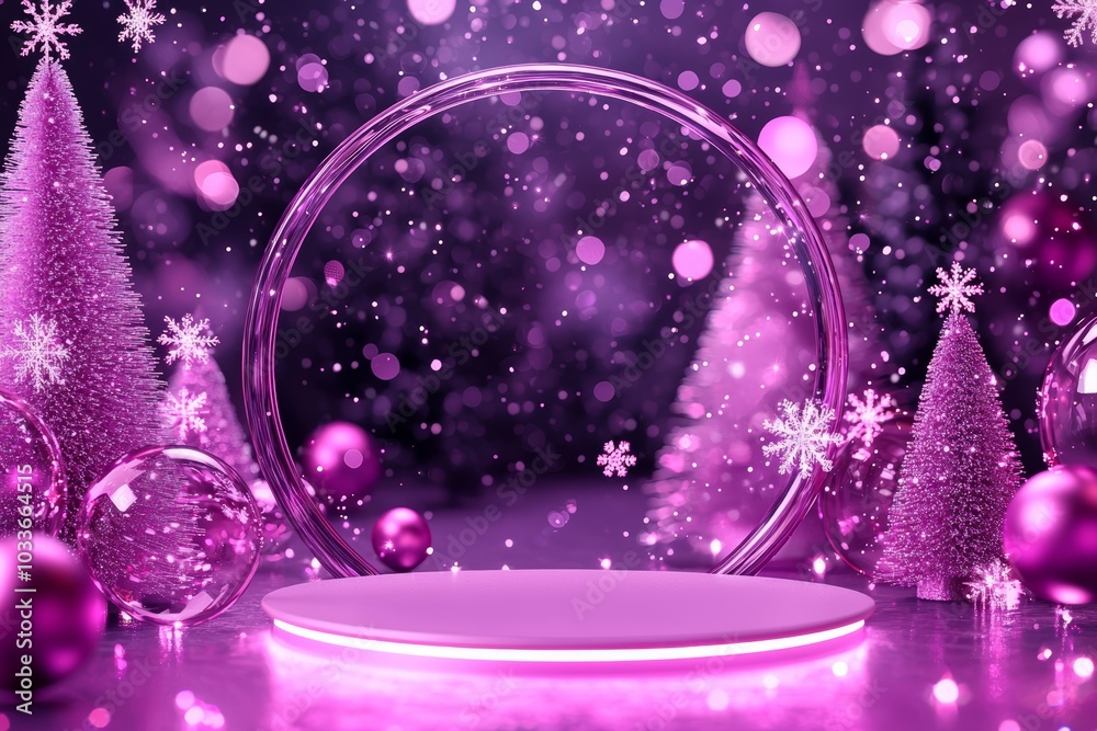 Obraz premium Festive winter Christmas podium decorated with glowing lights and ornaments background