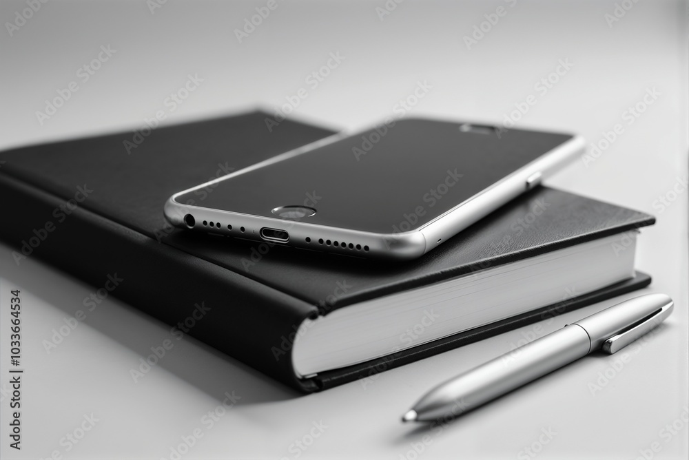 A cell phone is resting on top of a notebook, positioned beside a pen A cell phone is resting on top of a notebook, positioned beside a pen