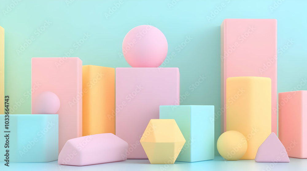 Aesthetic pastel-colored 3D geometric shapes harmoniously arranged in a balanced design - Aesthetic pastel-colored 3D geometric shapes harmoniously arranged in a balanced design -